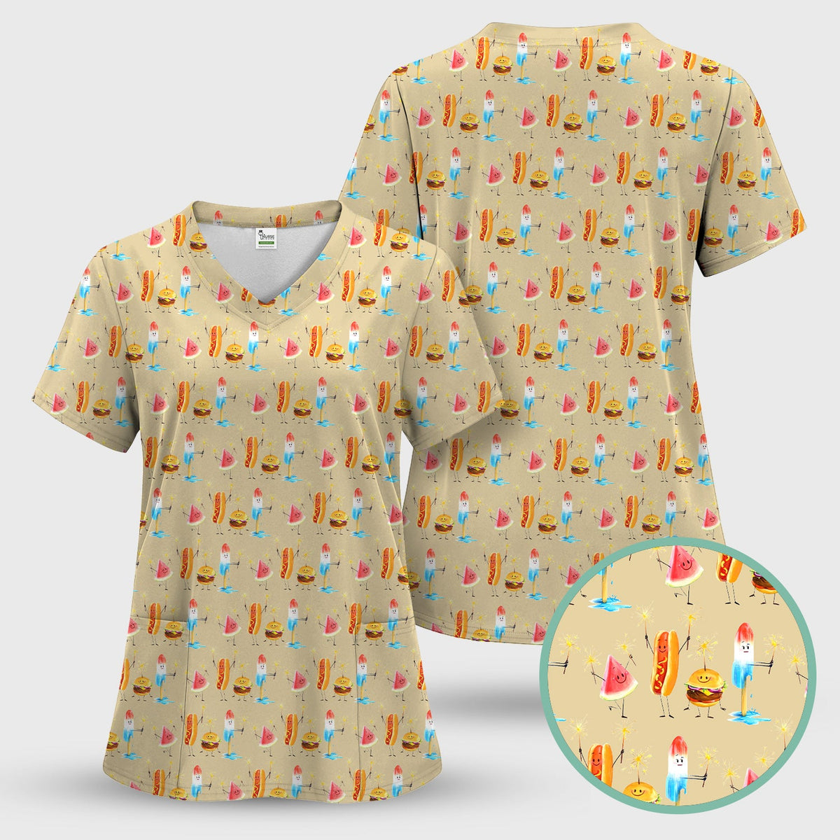 Funny Summer Food Icons Pattern Scrub Top, Comfortable Scrubs for Nurses