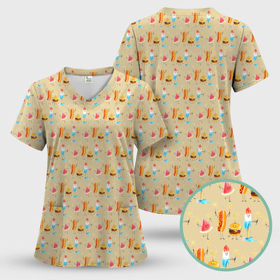 Funny Summer Food Icons Pattern Scrub Top, Comfortable Scrubs for Nurses