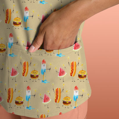 Funny Summer Food Icons Pattern Scrub Top, Comfortable Scrubs for Nurses