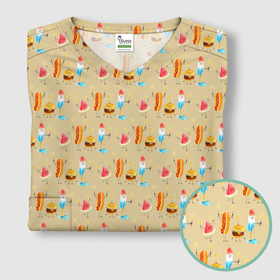 Funny Summer Food Icons Pattern Scrub Top, Comfortable Scrubs for Nurses