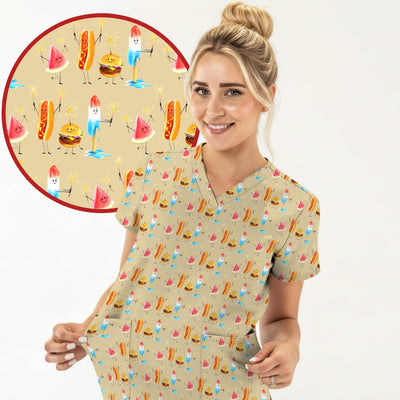 Funny Summer Food Icons Pattern Scrub Top, Comfortable Scrubs for Nurses