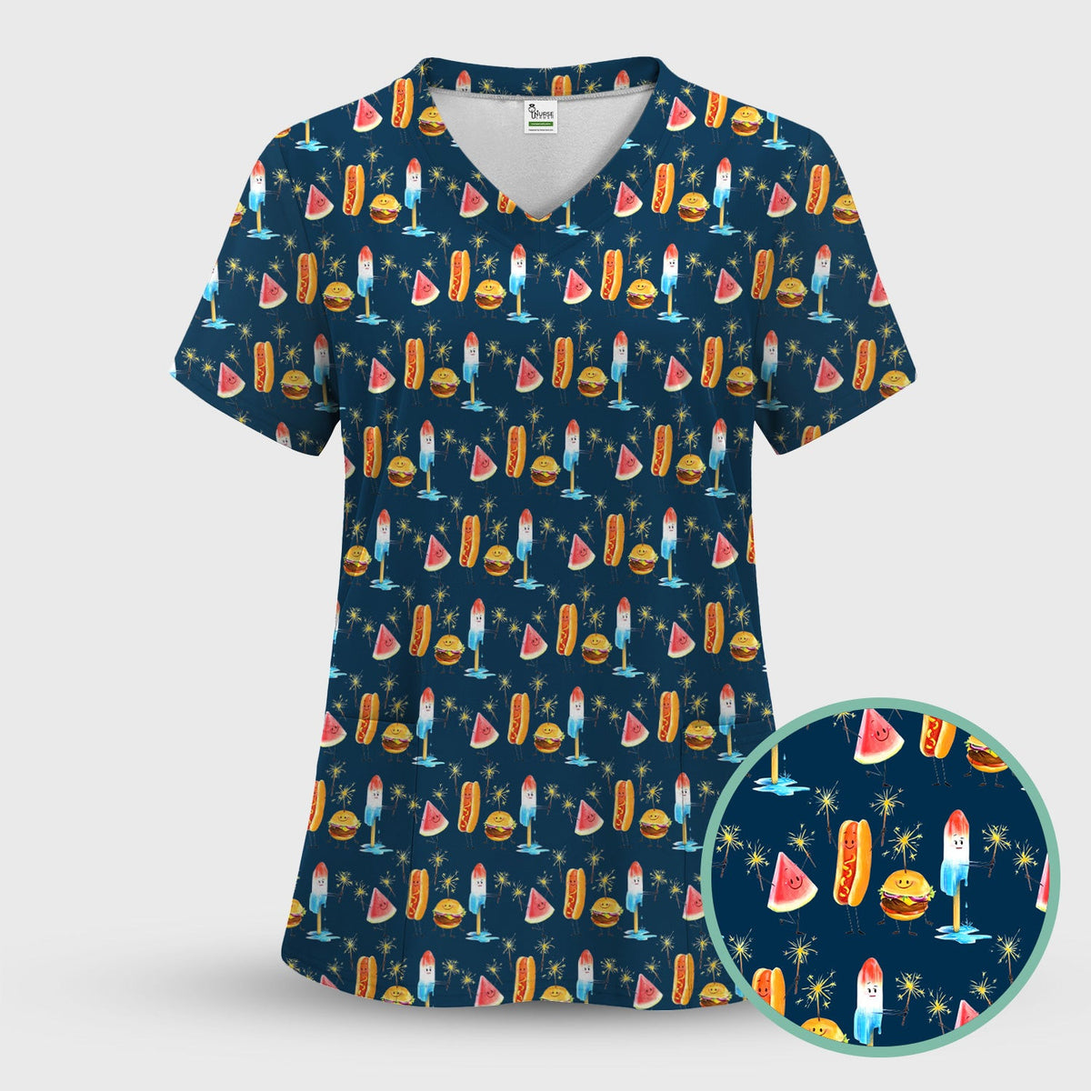 Funny Summer Food Icons Pattern Scrub Top, Comfortable Scrubs for Nurses