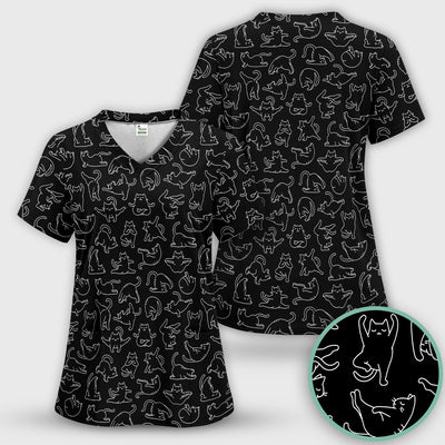 Cute Cat Outline Playing Pattern Scrub Top, Colorful Gothic Nurse Scrubs Uniform