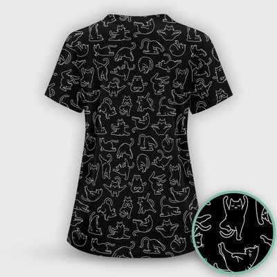 Cute Cat Outline Playing Pattern Scrub Top, Colorful Gothic Nurse Scrubs Uniform
