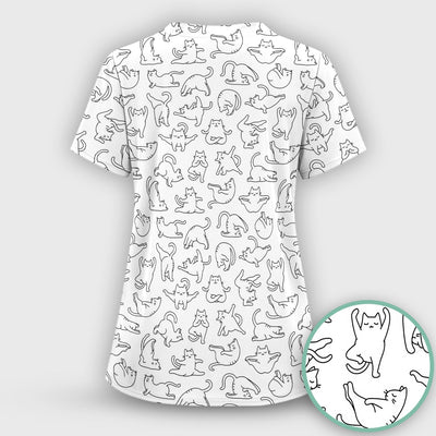Cute Cat Outline Playing Pattern Scrub Top, Colorful Gothic Nurse Scrubs Uniform