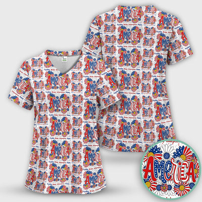 Patriotic America Floral Fireworks Pattern Scrub Top, Comfortable Scrubs for Nurses