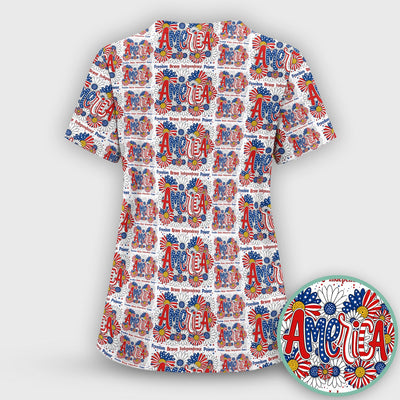 Patriotic America Floral Fireworks Pattern Scrub Top, Comfortable Scrubs for Nurses