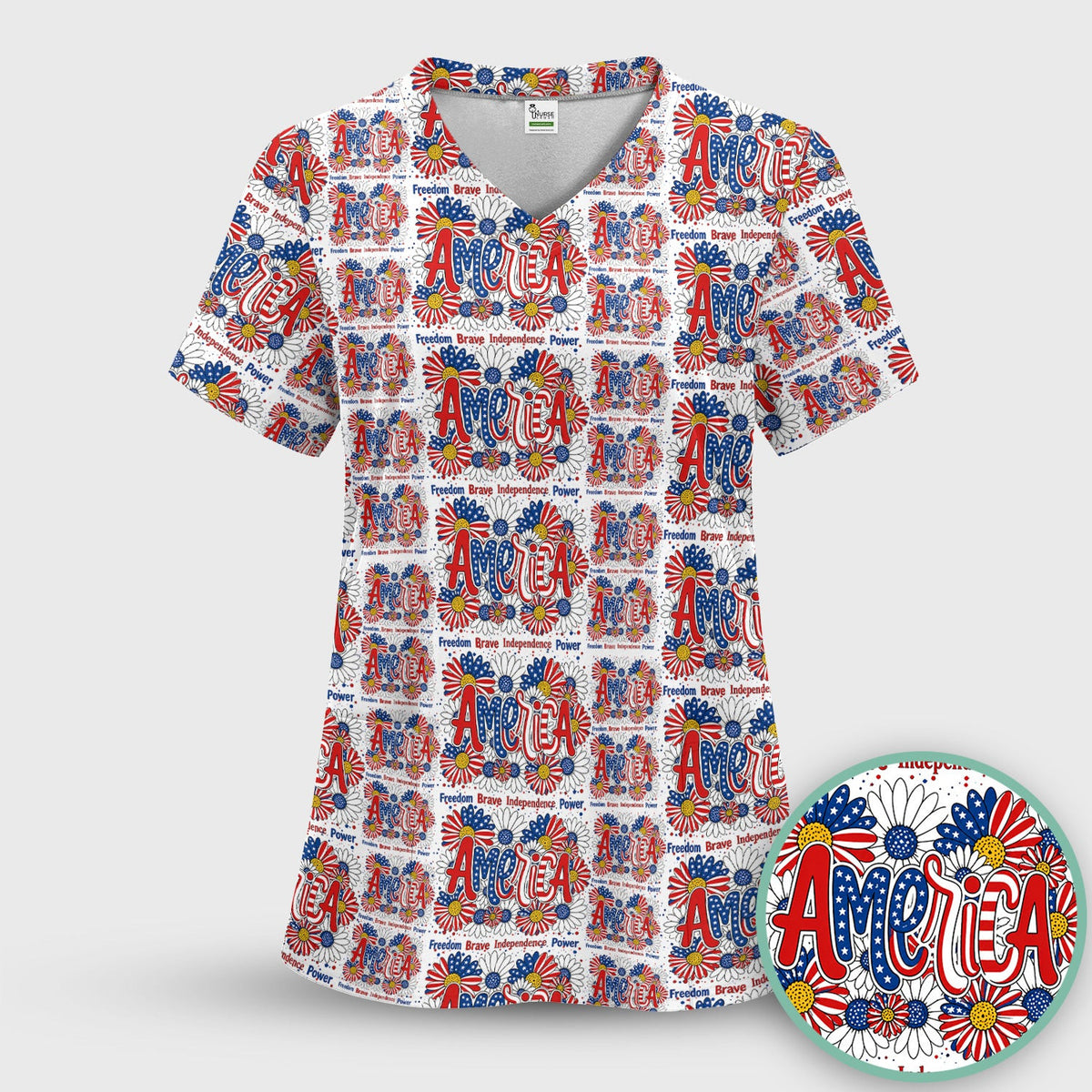 Patriotic America Floral Fireworks Pattern Scrub Top, Comfortable Scrubs for Nurses