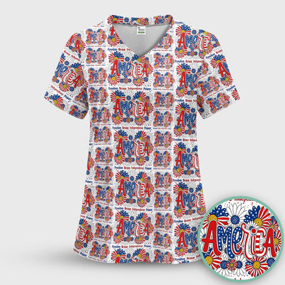 Patriotic America Floral Fireworks Pattern Scrub Top, Comfortable Scrubs for Nurses
