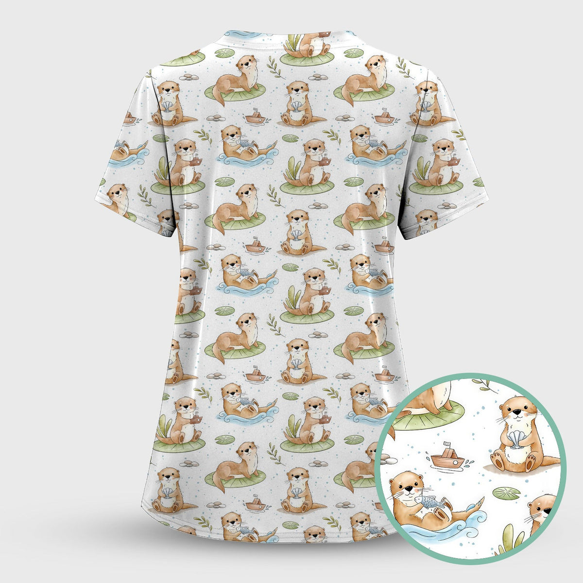 Cute Otter With Lily Pad Pattern Scrub Top, Comfortable Scrubs for Nurses