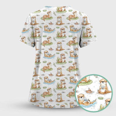 Cute Otter With Lily Pad Pattern Scrub Top, Comfortable Scrubs for Nurses