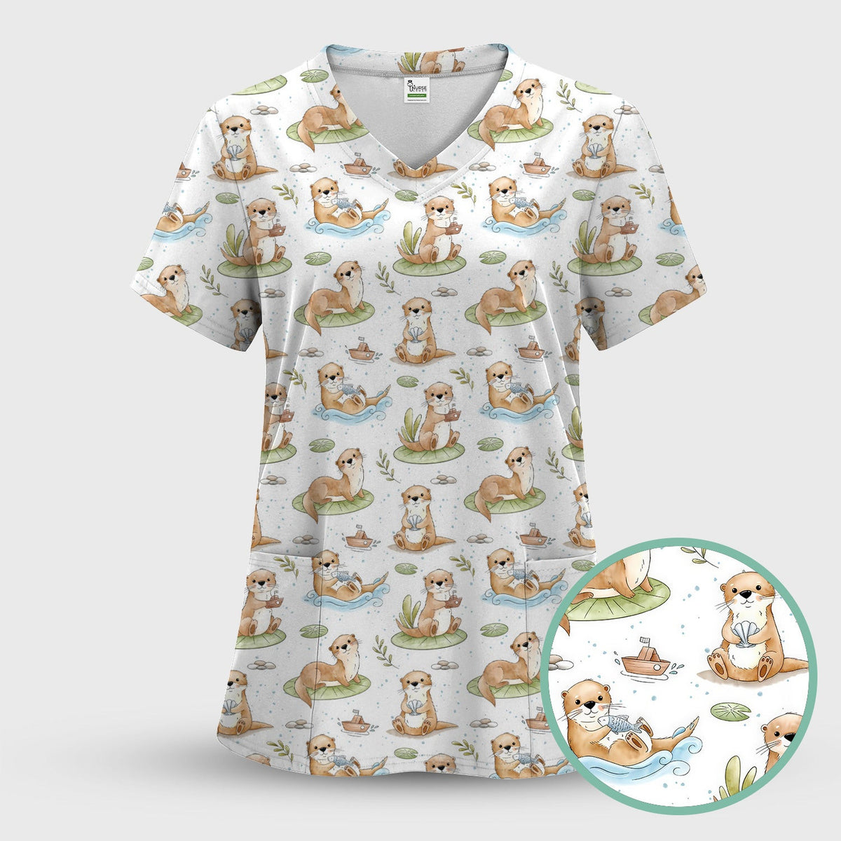 Cute Otter With Lily Pad Pattern Scrub Top, Comfortable Scrubs for Nurses