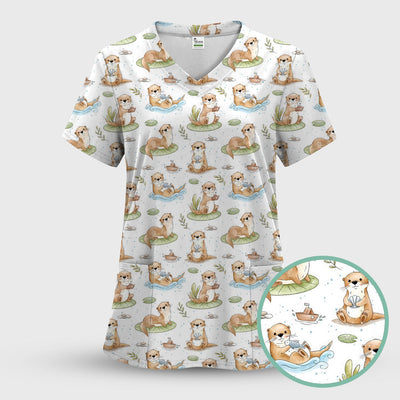 Cute Otter With Lily Pad Pattern Scrub Top, Comfortable Scrubs for Nurses