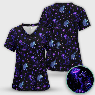 Cute Raccoon Mushroom Galaxy Pattern Scrub Top, Comfortable Scrubs for Nurses