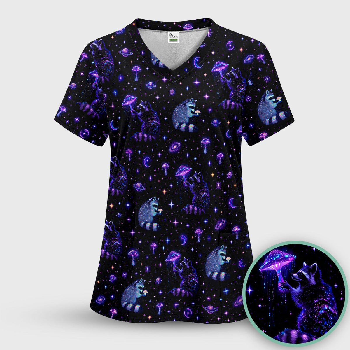 Cute Raccoon Mushroom Galaxy Pattern Scrub Top, Comfortable Scrubs for Nurses