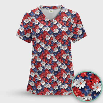 Festive Patriotic Daisy Bloom Pattern Scrub Top, Comfortable Scrubs for Nurses