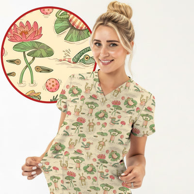 Cute Frogs Swimming Lily Pond Pattern Scrub Top, Comfortable Scrubs for Nurses