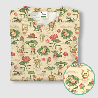 Cute Frogs Swimming Lily Pond Pattern Scrub Top, Comfortable Scrubs for Nurses