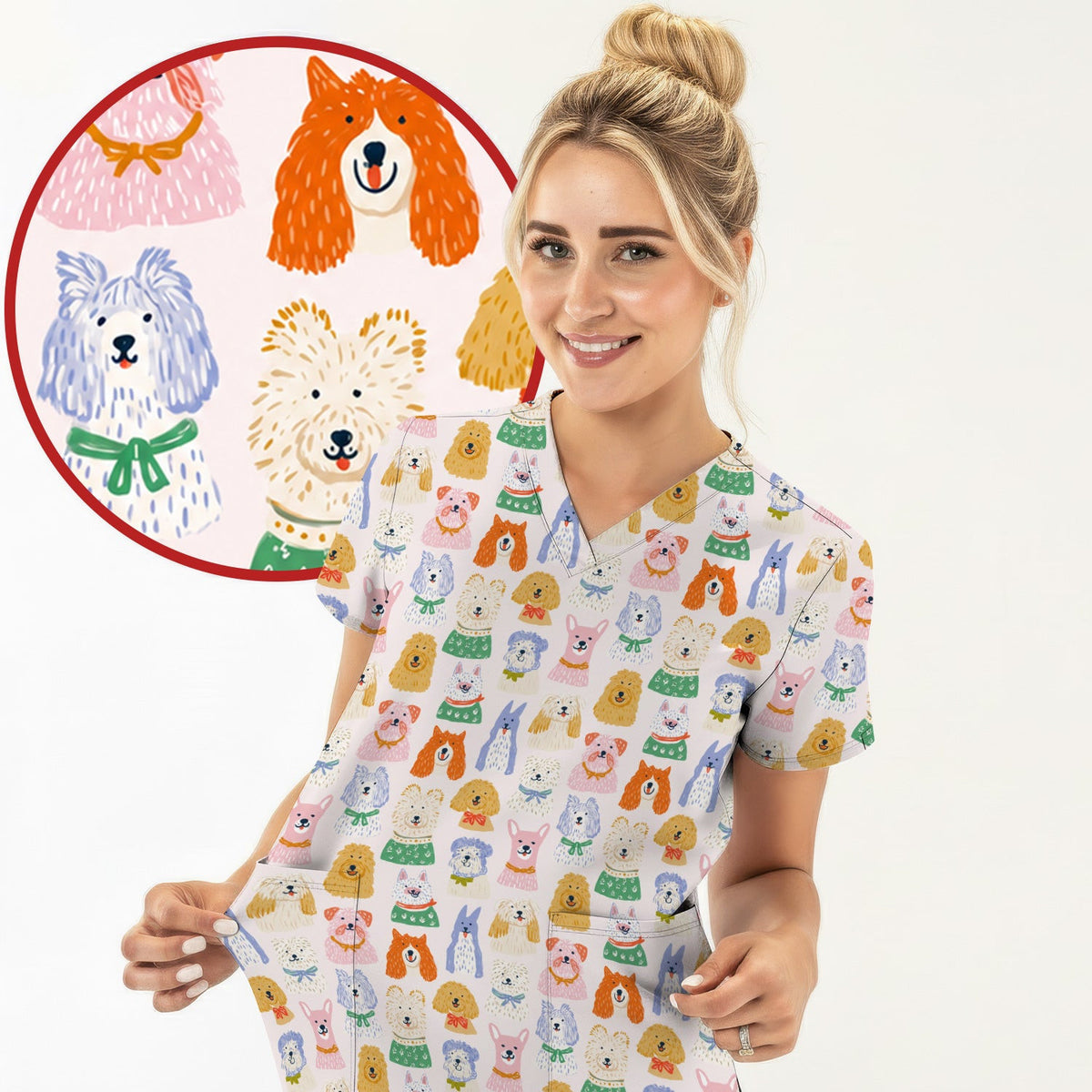 Colorful Dog Faces Cartoon Pattern Scrub Top, Comfortable Scrubs for Nurses