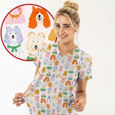 Colorful Dog Faces Cartoon Pattern Scrub Top, Comfortable Scrubs for Nurses
