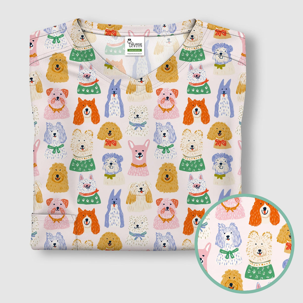 Colorful Dog Faces Cartoon Pattern Scrub Top, Comfortable Scrubs for Nurses