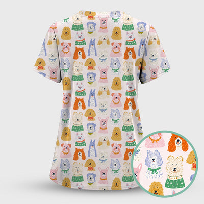 Colorful Dog Faces Cartoon Pattern Scrub Top, Comfortable Scrubs for Nurses