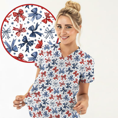 Patriotic Red Blue Ribbon Pattern Scrub Top, Comfortable Scrubs for Nurses