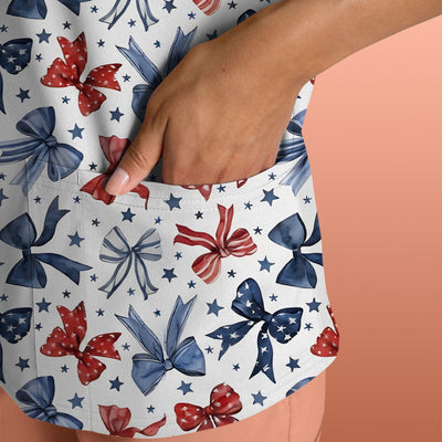 Patriotic Red Blue Ribbon Pattern Scrub Top, Comfortable Scrubs for Nurses