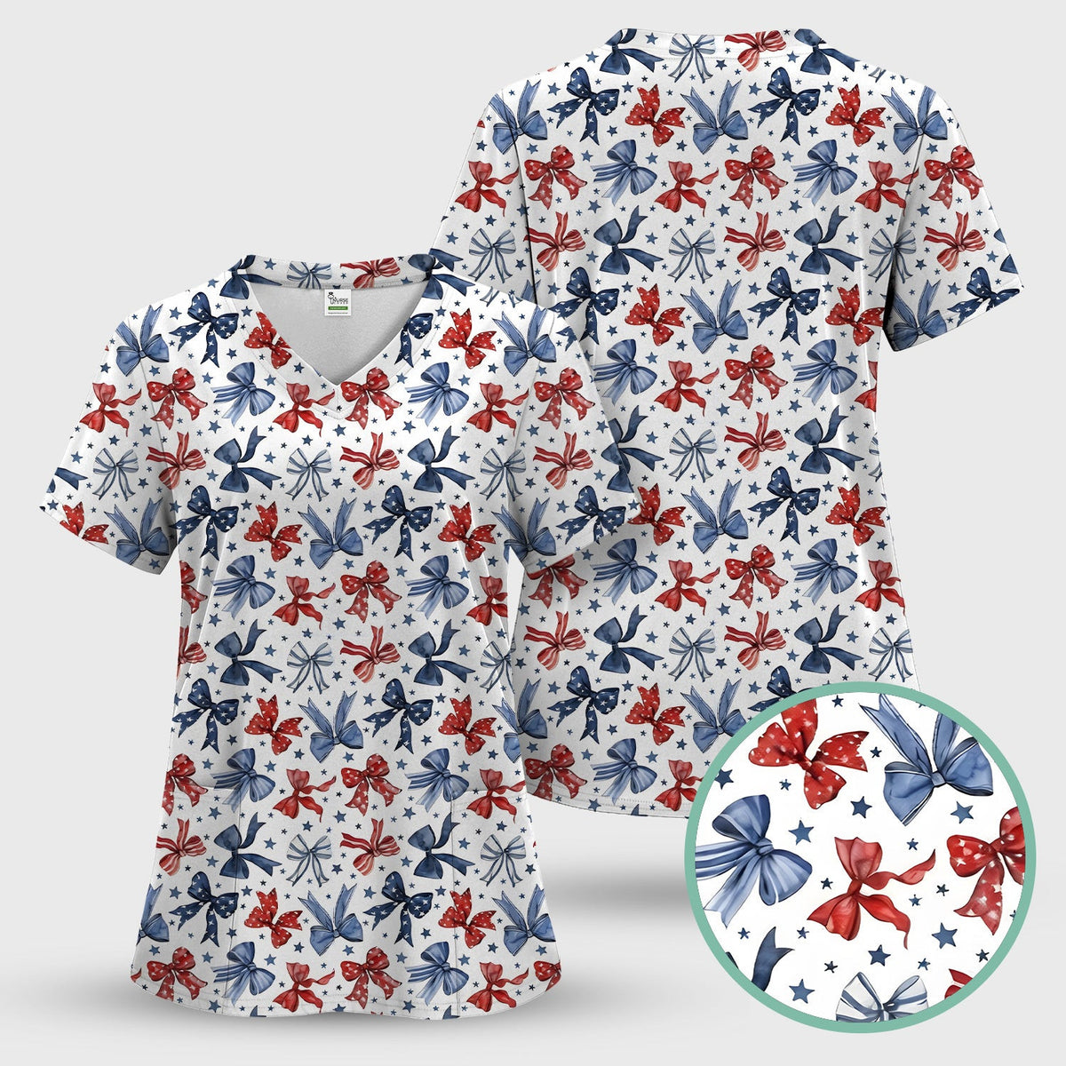 Patriotic Red Blue Ribbon Pattern Scrub Top, Comfortable Scrubs for Nurses