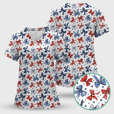 Patriotic Red Blue Ribbon Pattern Scrub Top, Comfortable Scrubs for Nurses