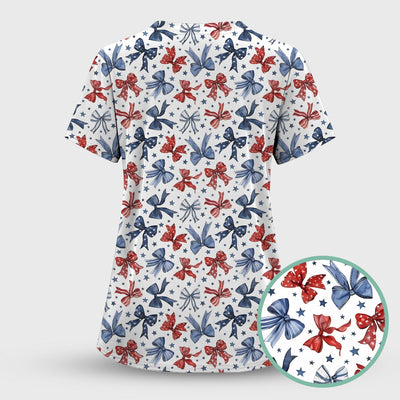 Patriotic Red Blue Ribbon Pattern Scrub Top, Comfortable Scrubs for Nurses