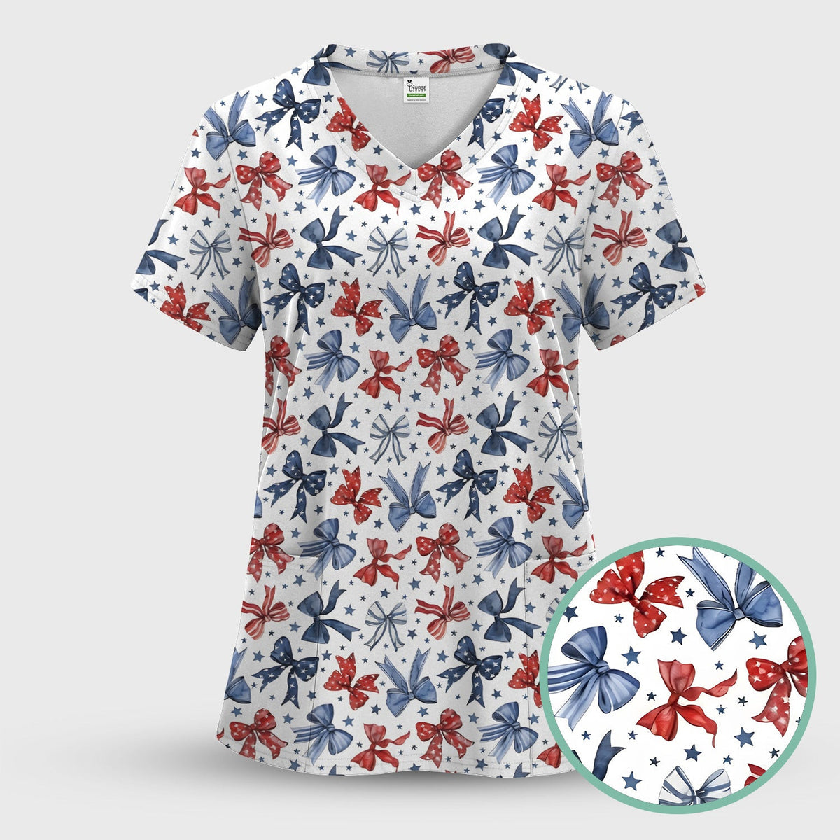 Patriotic Red Blue Ribbon Pattern Scrub Top, Comfortable Scrubs for Nurses