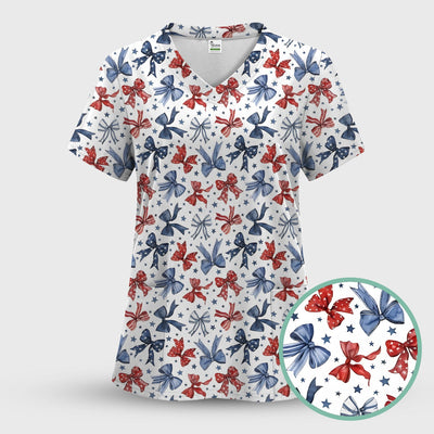 Patriotic Red Blue Ribbon Pattern Scrub Top, Comfortable Scrubs for Nurses