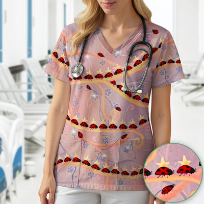 Cute Ladybug Star Vine Swirl Pattern Scrub Top, Comfortable Scrubs for Nurses