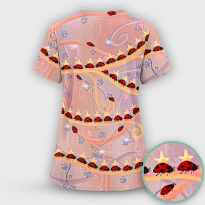 Cute Ladybug Star Vine Swirl Pattern Scrub Top, Comfortable Scrubs for Nurses