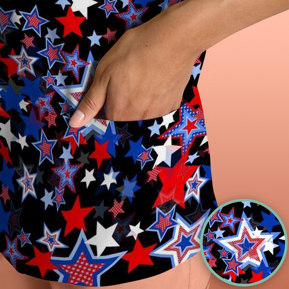 Festive Patriotic Red Blue Star Pattern Scrub Top, Comfortable Scrubs for Nurses