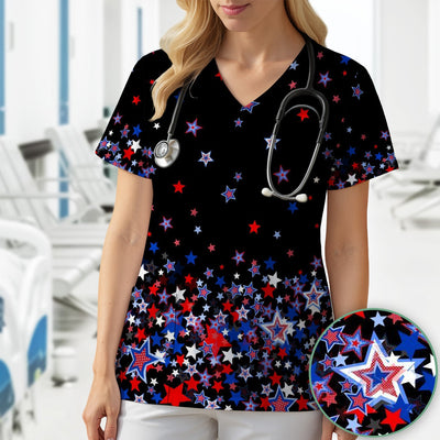 Festive Patriotic Red Blue Star Pattern Scrub Top, Comfortable Scrubs for Nurses