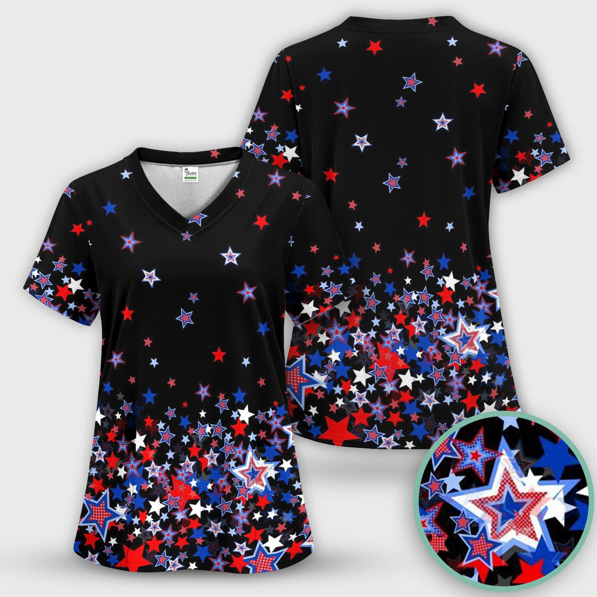 Festive Patriotic Red Blue Star Pattern Scrub Top, Comfortable Scrubs for Nurses