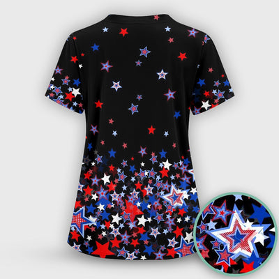 Festive Patriotic Red Blue Star Pattern Scrub Top, Comfortable Scrubs for Nurses