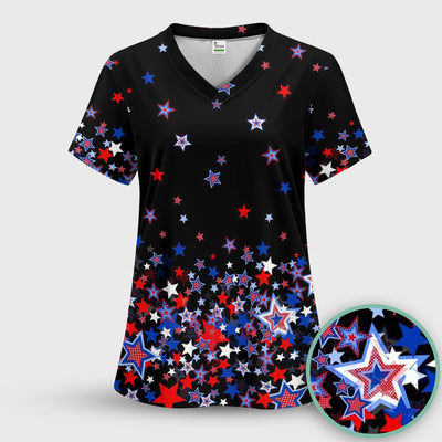 Festive Patriotic Red Blue Star Pattern Scrub Top, Comfortable Scrubs for Nurses