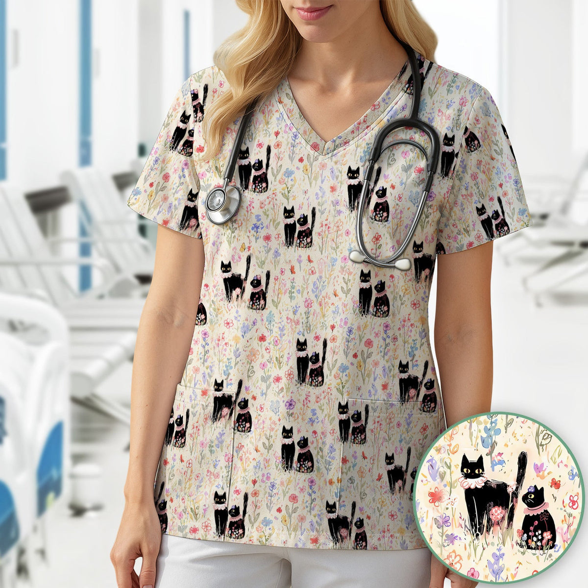 Cute Black Cats Wildflower Garden Pattern Scrub Top, Comfortable Scrubs for Nurses