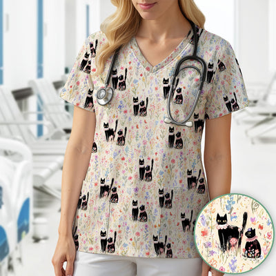 Cute Black Cats Wildflower Garden Pattern Scrub Top, Comfortable Scrubs for Nurses
