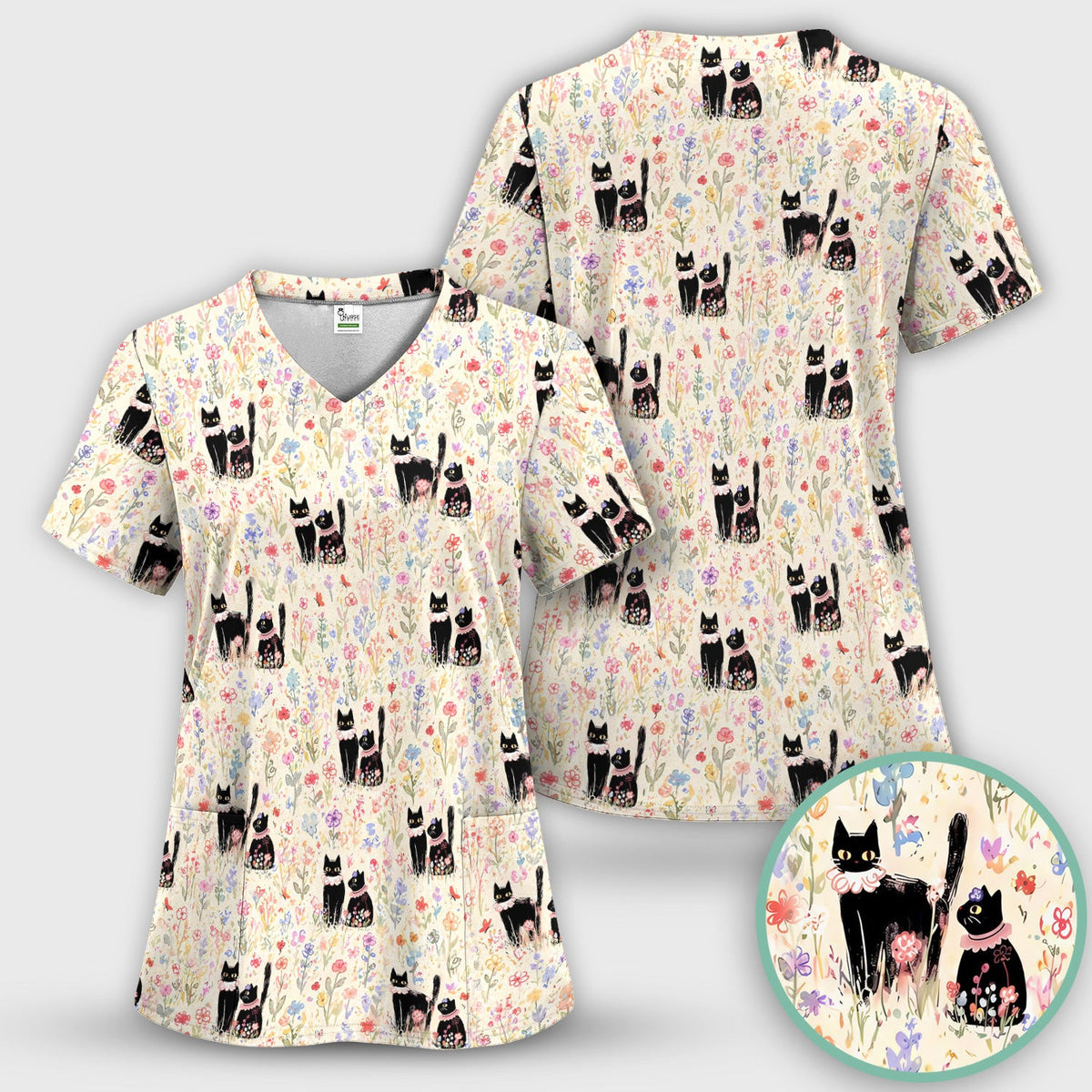 Cute Black Cats Wildflower Garden Pattern Scrub Top, Comfortable Scrubs for Nurses