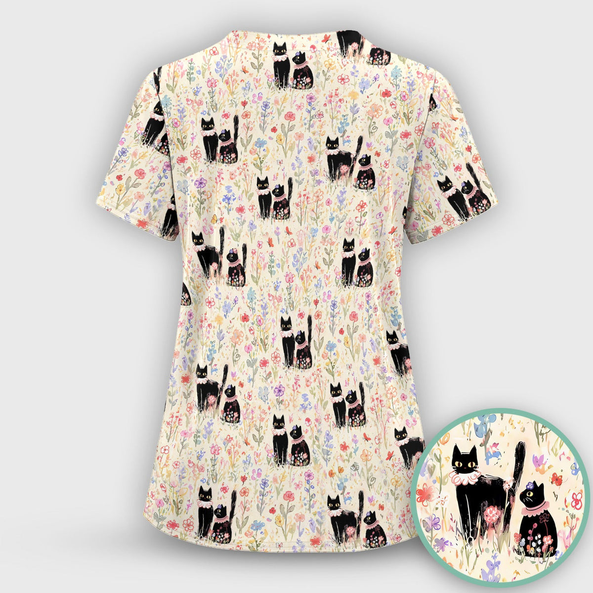 Cute Black Cats Wildflower Garden Pattern Scrub Top, Comfortable Scrubs for Nurses