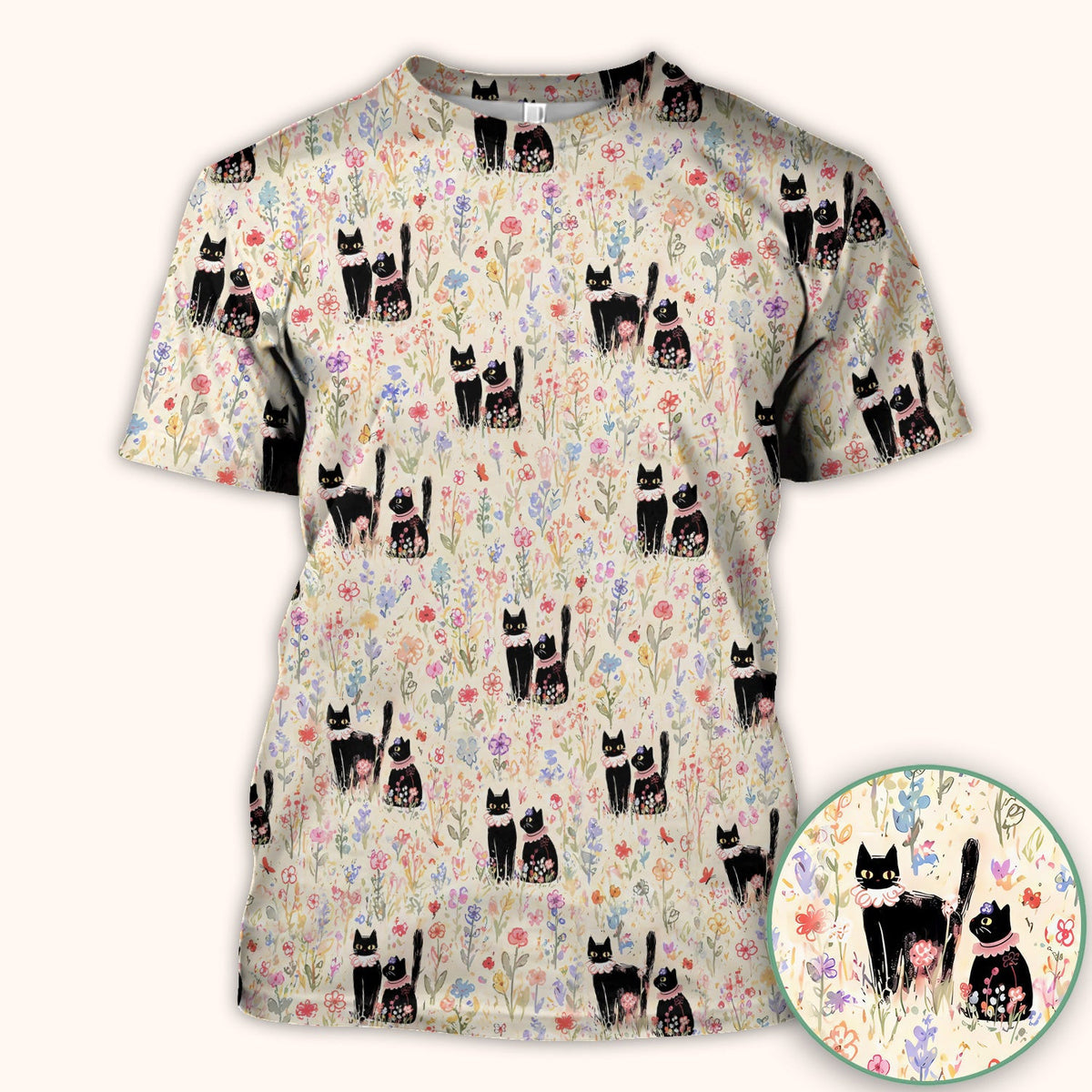 Cute Black Cats Wildflower Garden Pattern Scrub Top, Comfortable Scrubs for Nurses