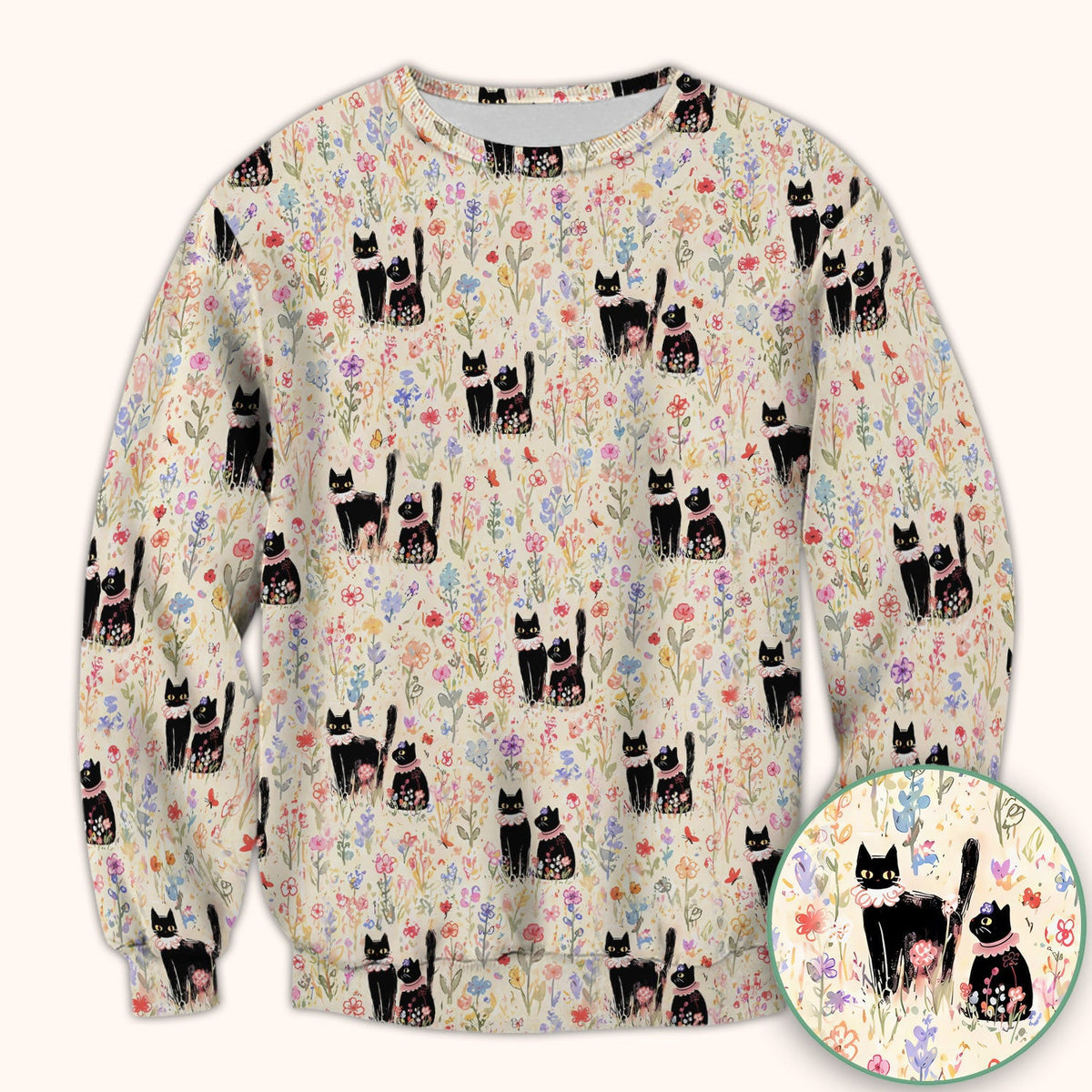 Cute Black Cats Wildflower Garden Pattern Scrub Top, Comfortable Scrubs for Nurses