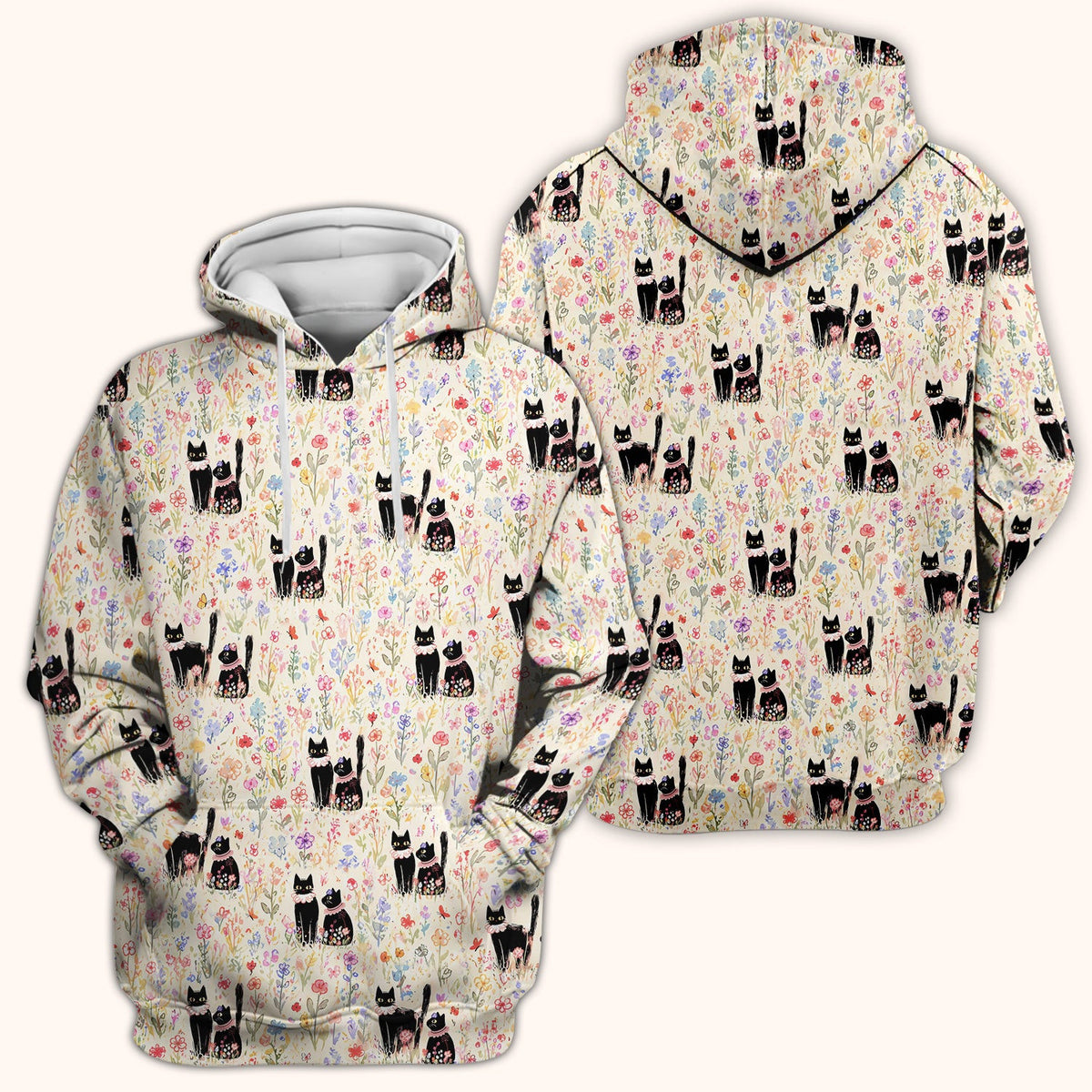 Cute Black Cats Wildflower Garden Pattern Scrub Top, Comfortable Scrubs for Nurses