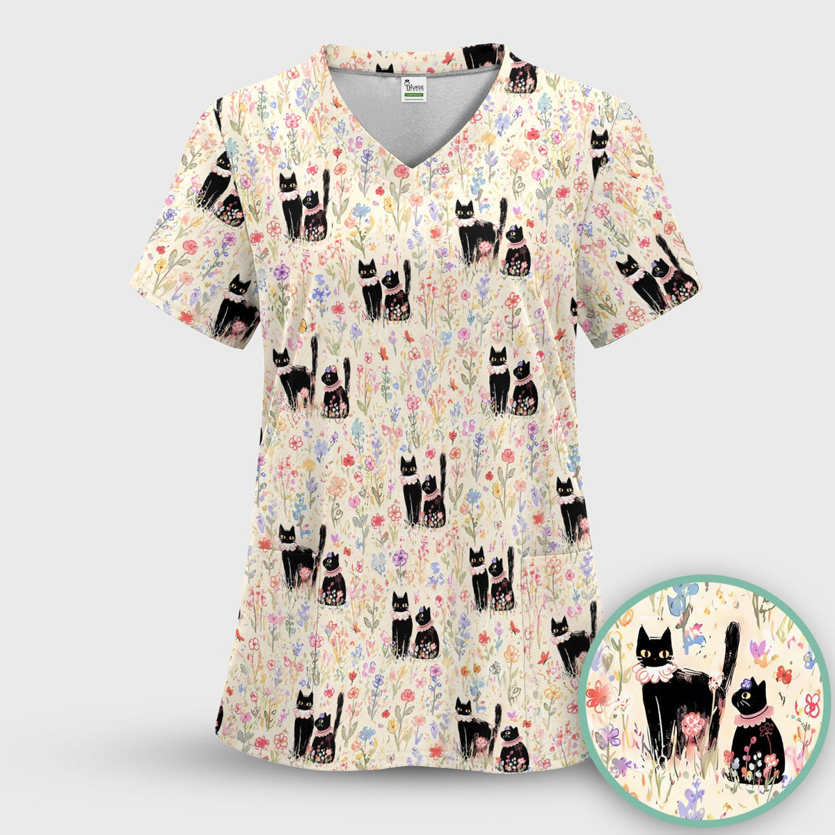 Cute Black Cats Wildflower Garden Pattern Scrub Top, Comfortable Scrubs for Nurses