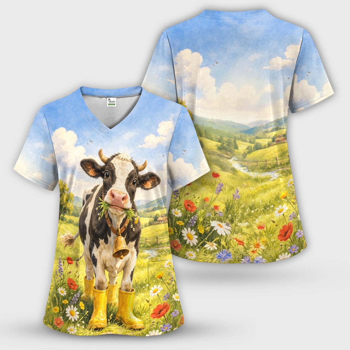 Cute Cow Wearing Boots Meadow Scene Pattern Scrub Top, Comfortable Scrubs for Nurses