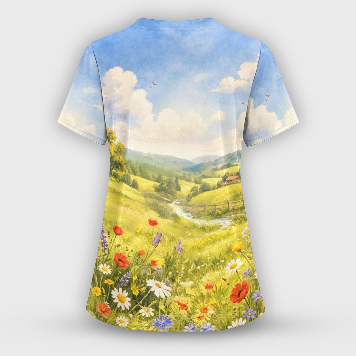 Cute Cow Wearing Boots Meadow Scene Pattern Scrub Top, Comfortable Scrubs for Nurses